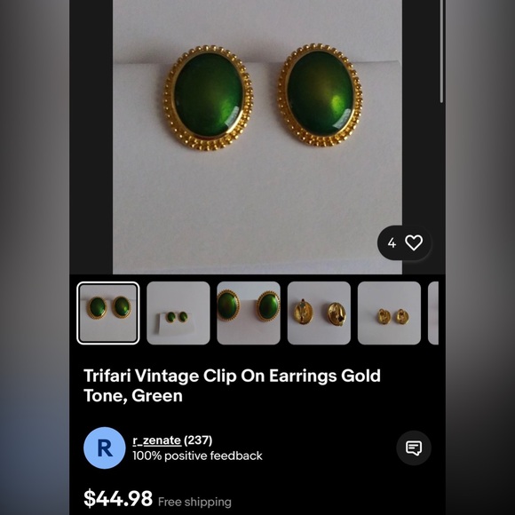 Vintage Trifari Metallic Green & Gold Tone Clip-on Earrings - Picture 7 of 7